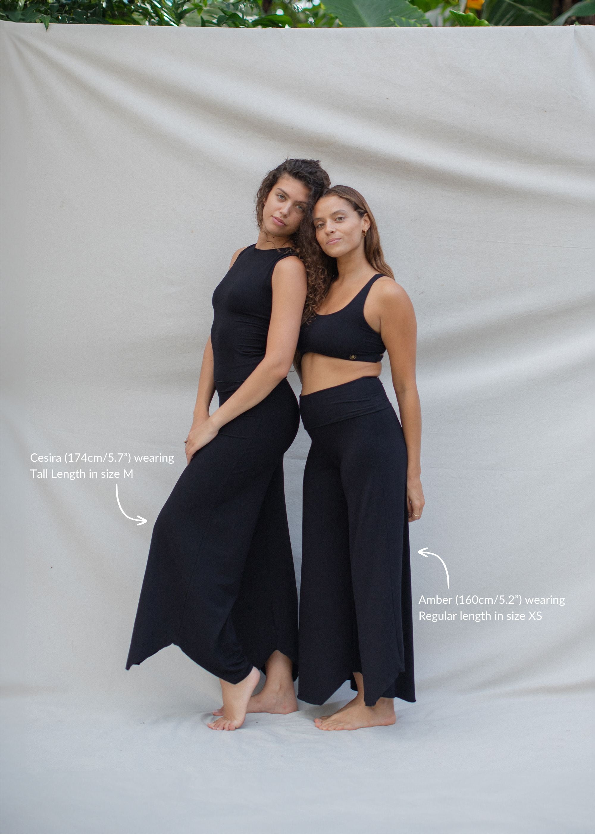 Cesira is wearing size M, Waist 70cm (27.5”), Hips 96cm (37.8”), Height 174cm (5.7”). Amber wears size S. Waist 72cm (28.3”), Hips 87cm (34.2”), Height 160cm (5.2”) | Size M