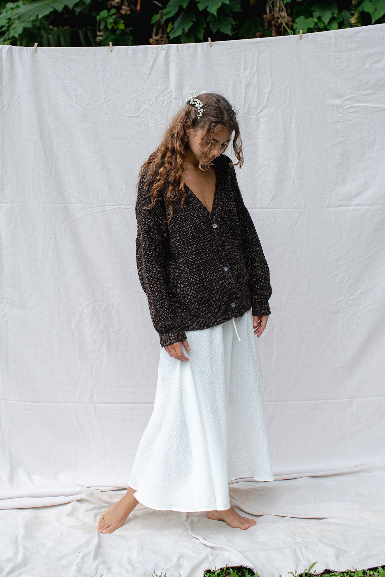 Lucy wears size S/M. Bust: 83cm (32.6”), Waist: 57cm(22.4”), Hips: 96cm(37.8”), Height 170cm(5.6”) | Size S/M